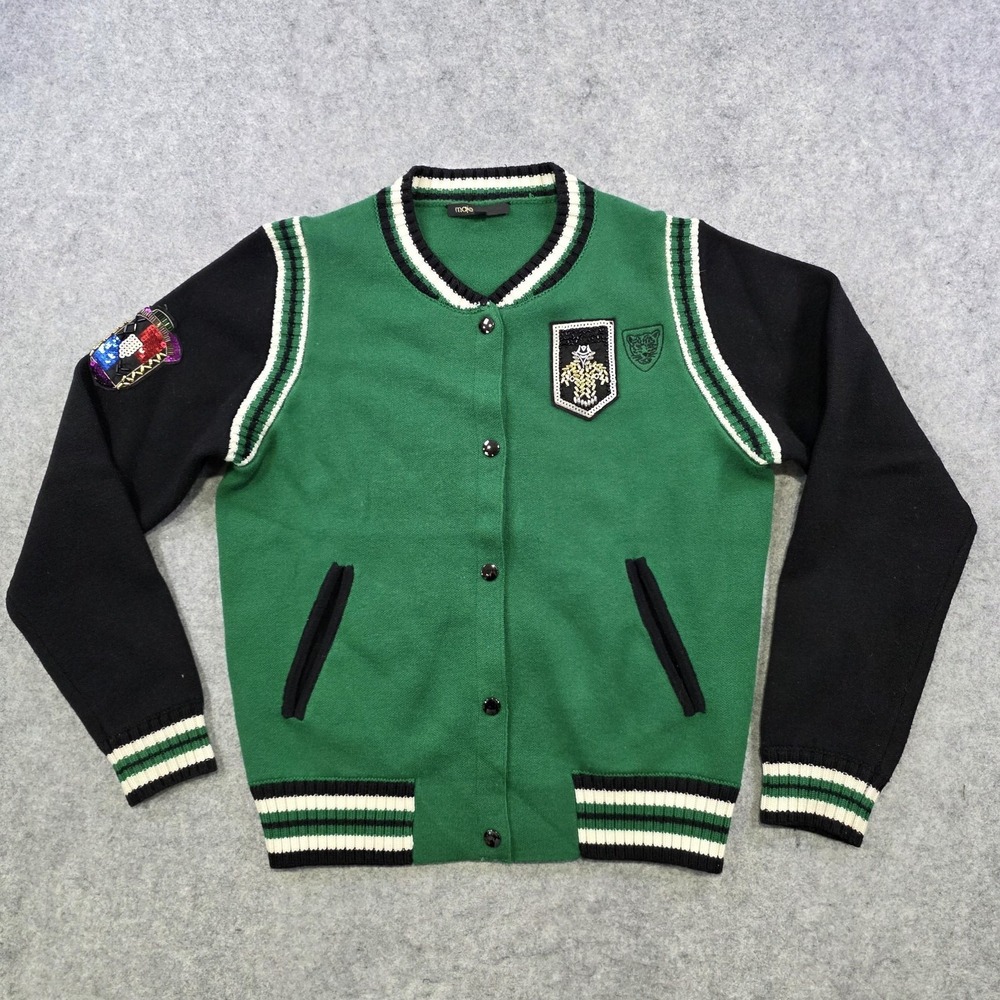 Maje Sweater Womens‎ 2 Green Varsity Cardigan Knit Sequin Patches Jacket Preppy - Picture 2 of 13